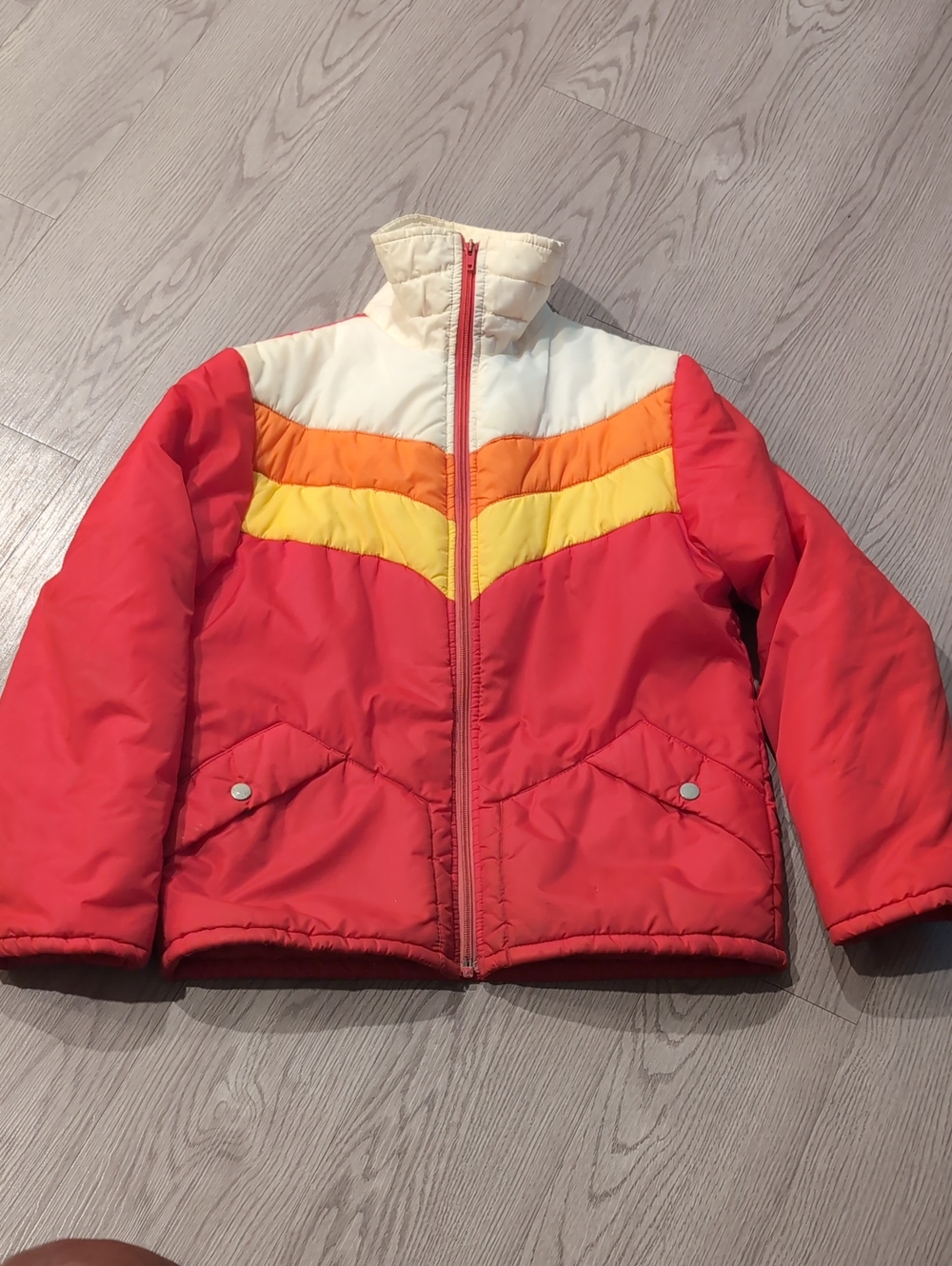 Vintage Sears& Roebuck Red Puffer Jacket with Yellow & Orange Chevron